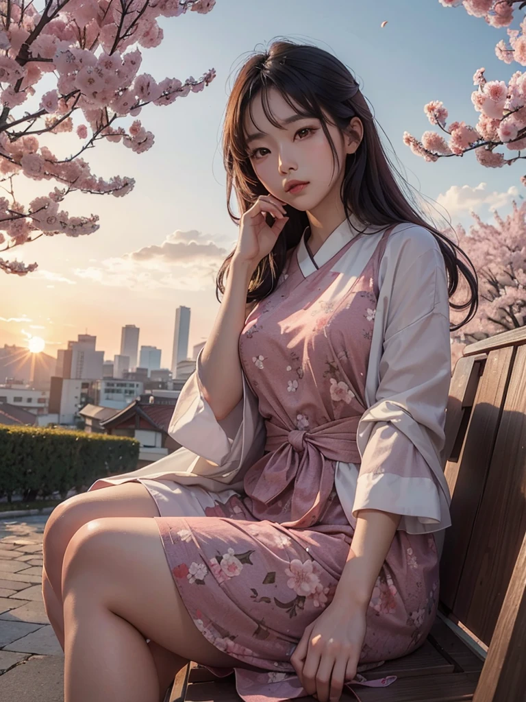 a beautiful Korean woman. sitting in a square admiring the cherry trees. at sunset. feeling the breeze of the wind.