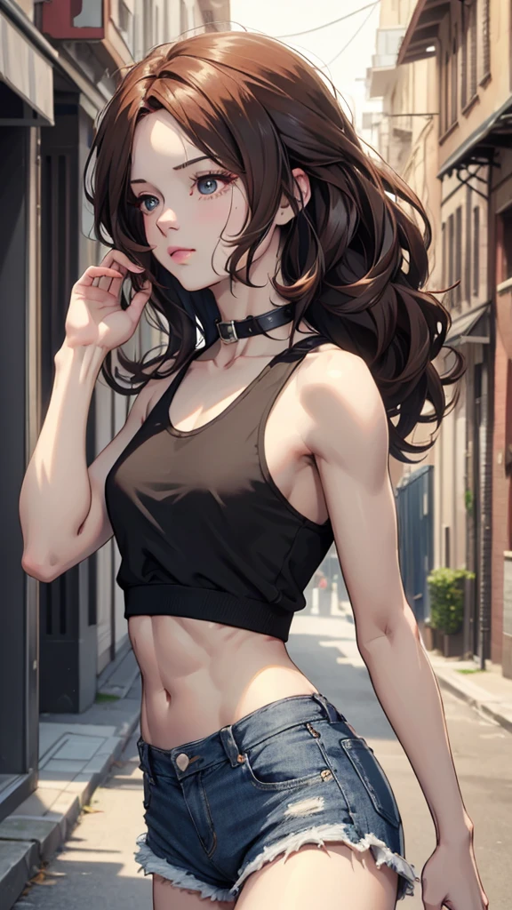 ((Realistic lighting, Best quality, 8K, Masterpiece: 1.3)), Clear focus: 1.2, 1girl, Perfect Figure: 1.4, Slim Abs: 1.1, ((Dark brown hair)), (White crop top: 1.4), (Outdoor, Night: 1.1), City streets, Super fine face, Fine eyes, Double eyelids,