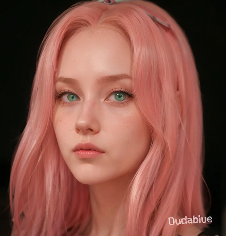 young woman, long pink hair, wide forehead, porcelain skin, pink eyebrows, big emerald green eyes, buttoned nose, thick lips, heart-shaped face, slender body, small breasts, pink leather dress, Sakura Haruno, realistic, realism black details 3d
