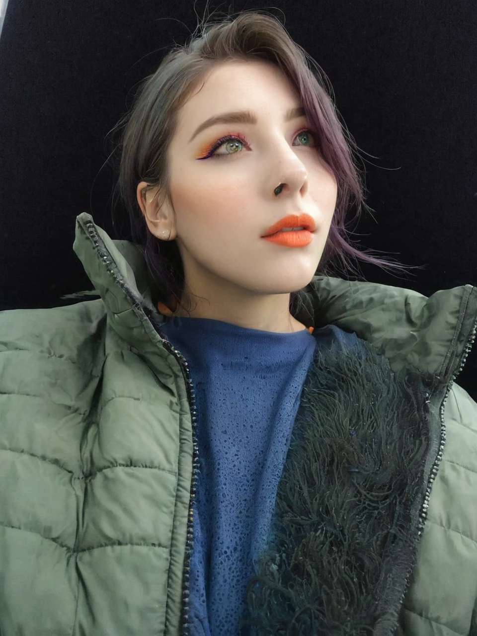 Frontal portrait of an extravagant and colorful woman who resembles a mermaid. Perfect body, natural breasts, clear skin, young features, wide open eyes and delicate freckles on the nose and cheeks. Front view, Vibrant, gravity-defying hair in shades of purple, blue and orange. Her hair transforms into tendrils or aquatic flora, creating an underwater illusion. Small bubbles floating around the head add to the underwater theme. General Effect: Serene otherworldly underwater creature in silent contemplation.
