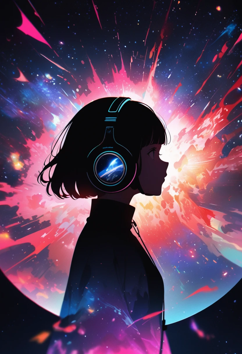 Profile of a woman silhouette.(Super Short Hair:1.3), Blunt bangs,  (Headphones:1.3), Inside the silhouette you can see the Double exposure with a universe, Deep Universe, Supernova explosion, masterpiece, ((Double exposure)), Proportional.,Double exposure

