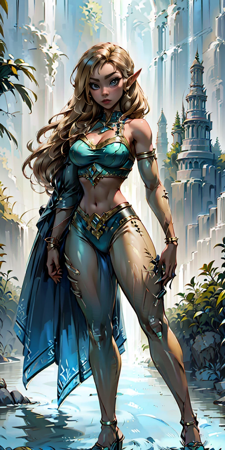 Extremely detailed Artgerm style: This sets the overall artistic style with a high level of detail. Fantasy art: This specifies the genre. Goddess of the green forest: This defines the character's role and gives context to the setting. Woman with long, elf ears: This incorporates the elf features. Black skin: This specifies the character's race. Ornate bikini armor: This combines the skimpy clothing with a fantastical, protective element. Blue high heels standing straight symmetrical: This suggests the color of the bikini and potentially the water body. Long, messy blonde hair: This adds a detail that contrasts the Artgerm style, which is typically more polished for hair.