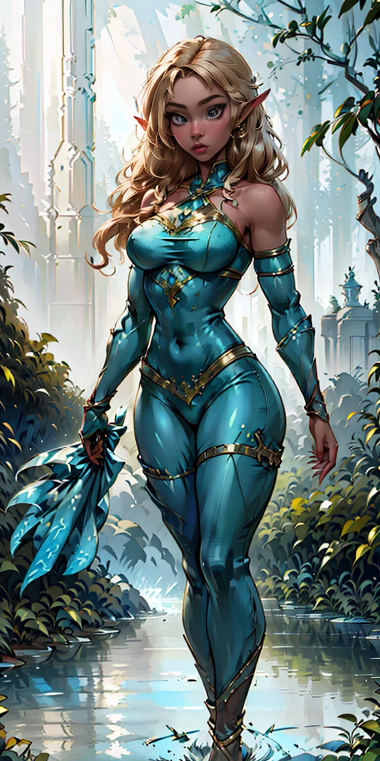 Extremely detailed Artgerm style: This sets the overall artistic style with a high level of detail. Fantasy art: This specifies the genre. Goddess of the green forest: This defines the character's role and gives context to the setting. Woman with long, elf ears: This incorporates the elf features. Black skin: This specifies the character's race. Ornate bikini armor: This combines the skimpy clothing with a fantastical, protective element. Blue high heels standing straight symmetrical: This suggests the color of the bikini and potentially the water body. Long, messy blonde hair: This adds a detail that contrasts the Artgerm style, which is typically more polished for hair.