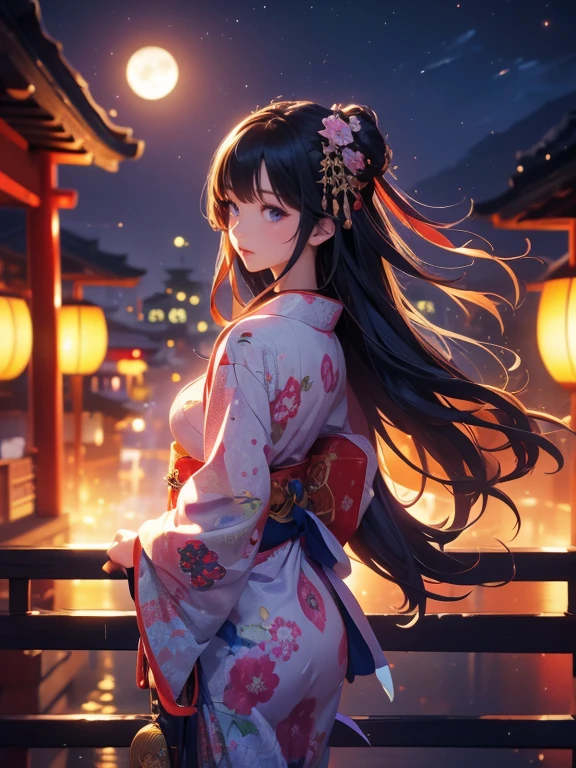 (Highest quality、masterpiece、High resolution、8K)、Vibrant colors、Japanese Festivals、Digital Art、City of night、A full moon in the distance、Midsummer evening、Beautiful yukata、