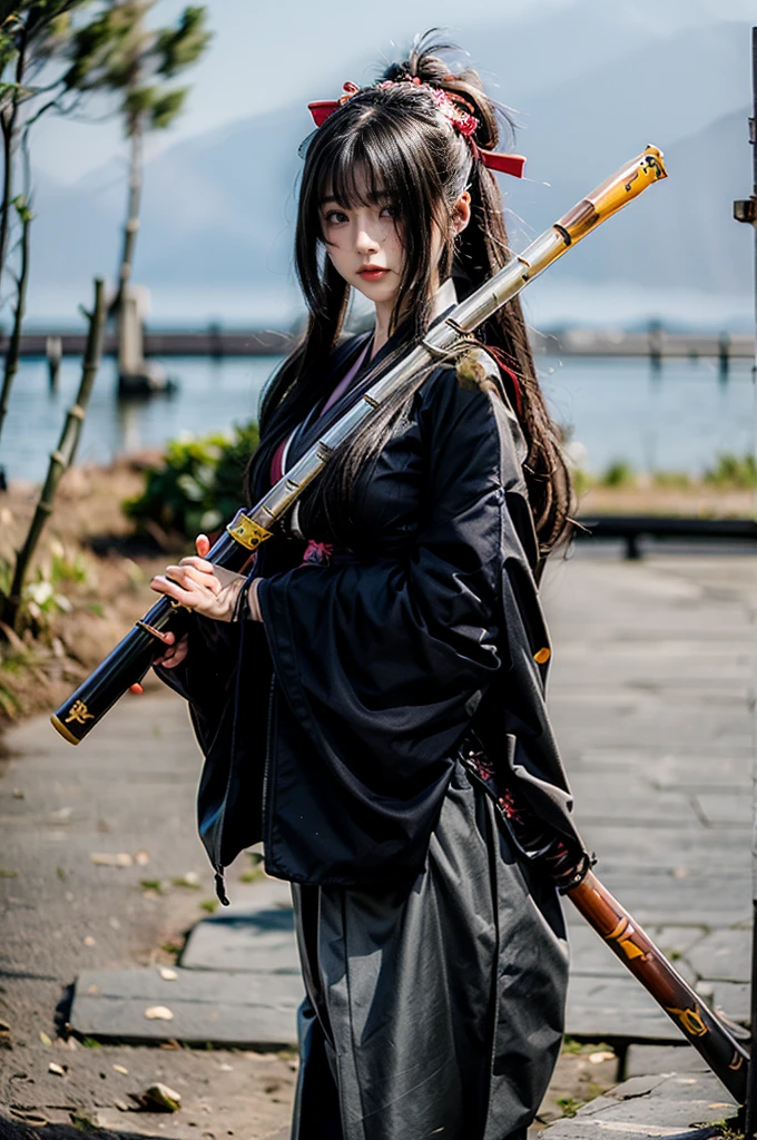 1girl, black hair, long hair, hime cut, japanese clothes, holding weapon, katana, standing, outdoors, bamboo forest, upper body, angry score_9, score_8_up, score_7_up, score_6_up, score_5_up, score_4_up, BREAK source_anime, masterpiece, erect nipples, kimono, ((furisode)), hakama, emale samurai style, hakama wide pants, hakama pleated pants