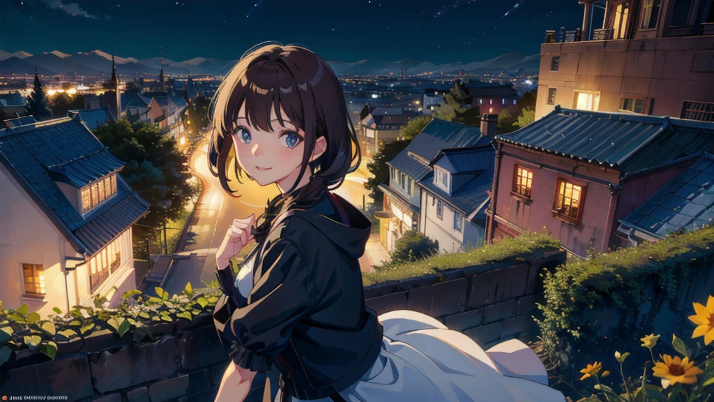 masterpiece,Highest quality,One Girl,The hair color is brown, Eye color: black, smile,countryside,Cityscape,night景,Flowers and plants,scenery,night,Light Perception,soft,