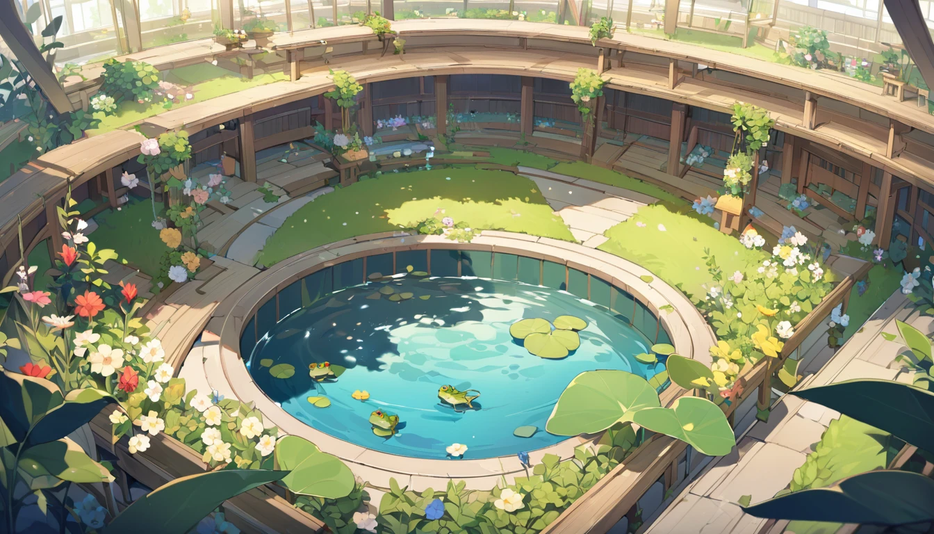 There is a beautiful pond in the center of the stage,There are various flowers and plants around,There are several little frogs jumping and singing in the pond。