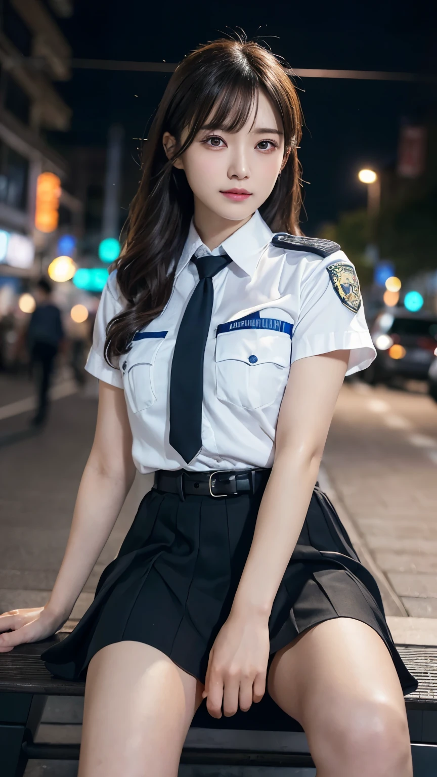 An innocent 20-year-old girl、((Japanese Police Officer, Sexy police uniform, skirt, Cute and elegant, Dramatic Pose)),smile,Night city background,shortcut、RAW Photos, (8K、Highest quality、masterpiece:1.2)、(Intricate details:1.4)、(Photorealistic:1.4)、Octane Rendering、Complex 3D rendering with ultra-detail, Studio Soft Light, Rim Light, Vivid details, Super Detail, Realistic skin texture, Detailed aspect, Beautiful details in the eyes, Highly detailed CG Unity 16k wallpaper, compensate, (Detailed Background:1.2), Glowing Skin, whole body,Put your hands down、Spread your legs and show me your panties,Sit on a bench