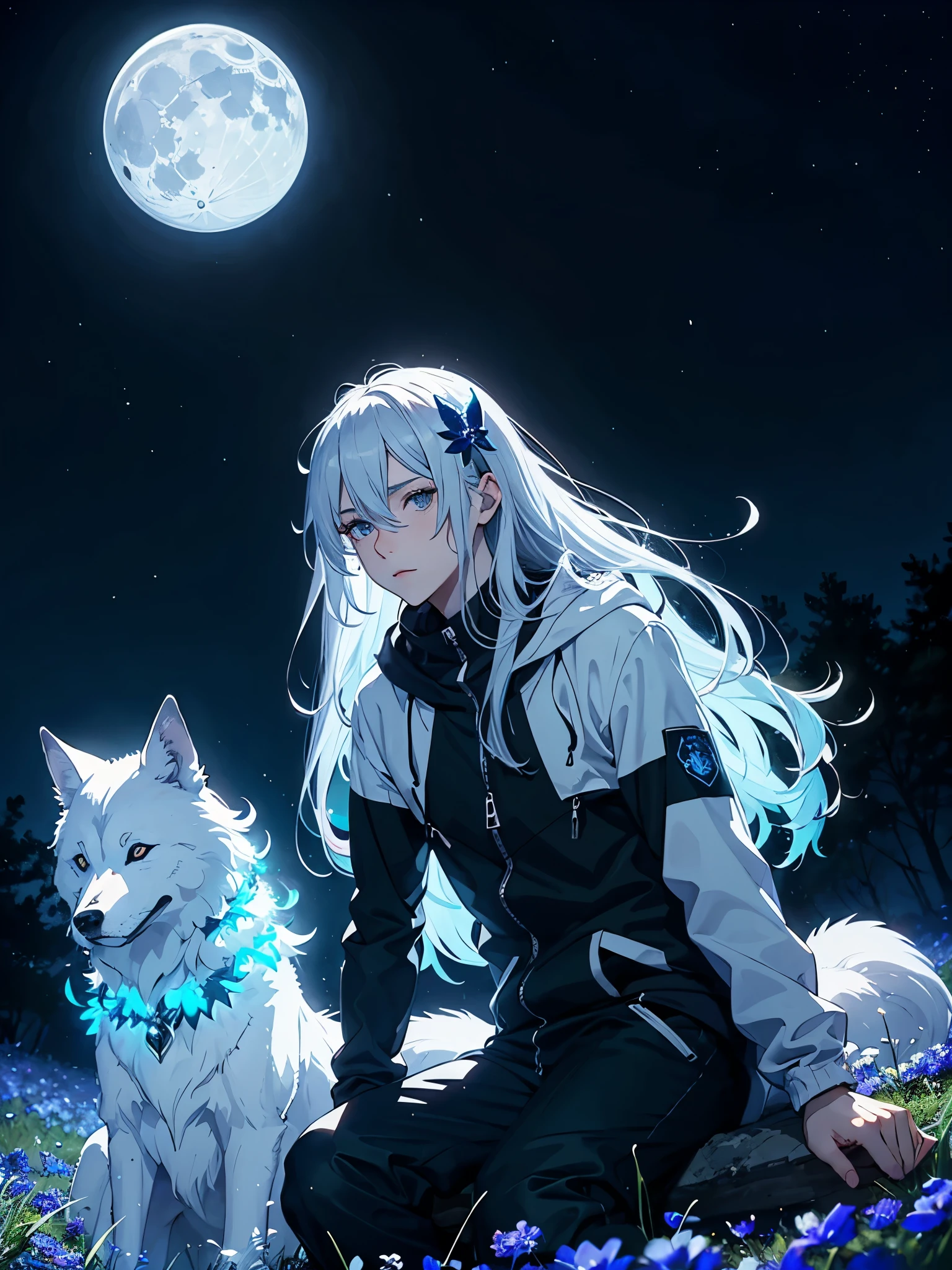 Männlich. Mann. Hellblau. Magisch. Magie. Zauber. Blauer schein. Glitzer. Mystisch. Göttlich. Blauer schmetterling.
 Big Wolf. day lights. More anime. light blue light. Bright bright light. magical. Moon. Sitting on a big white wolf. Lightening flowers. More anime. male. Blue flowers. Long hair. long white hair. aquatic, boy, God of the Moon, silver hair accessories, White hair. 