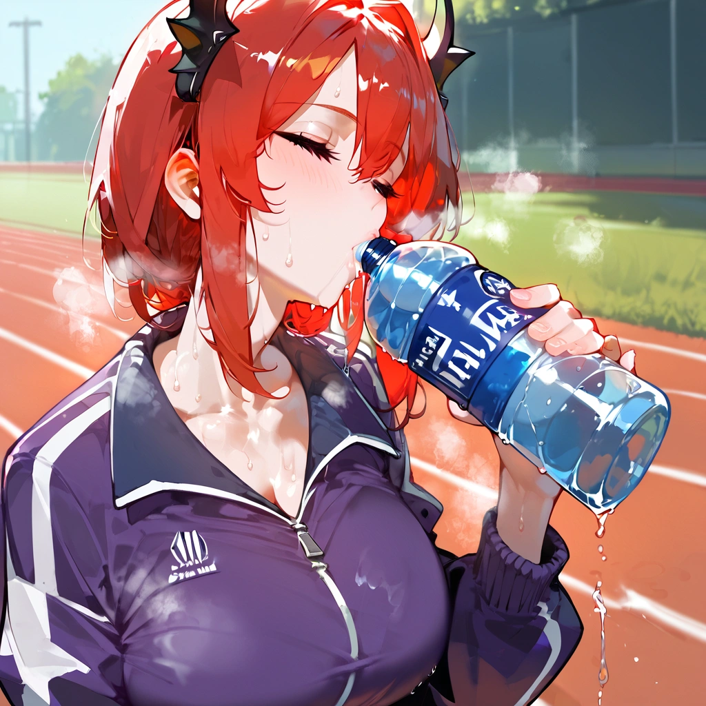 score_9, score_8_up, score_7_up, score_6_up,floox style,surtr, arknights, red hair,big breasts,,collarbone, jacket,purple jacket, purple track suit, sportswear, standing, steam, steaming body, sweat,, track jacket, track pants, track suit, outdoors, pours water on face, water bottle, solo, purple eyes, closed eyes, head up, spilling, 