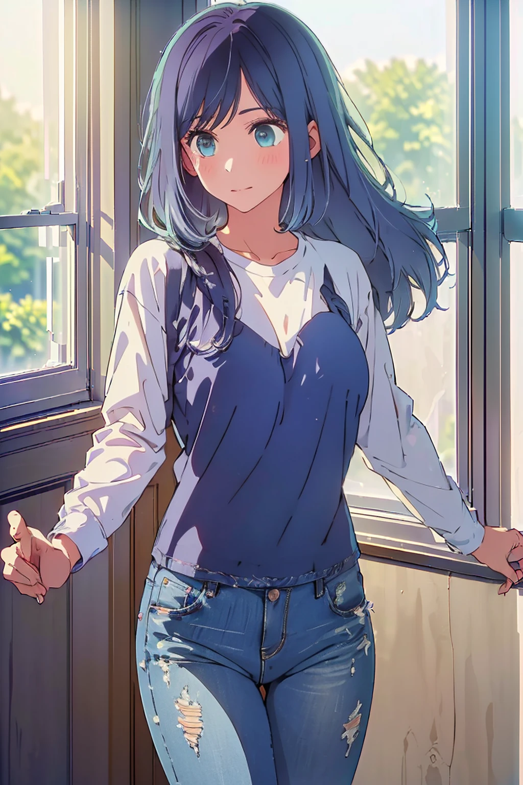 (Highest quality:1.4、masterpiece:1.4、Super detailed:1.4、8K:1.4)、((((1 person、Surprised expression、Windowless dance studio、White long sleeve T-shirt、jeans、Long Hair、Big eyes、Very cute face))))、F cup bust、Medium breast