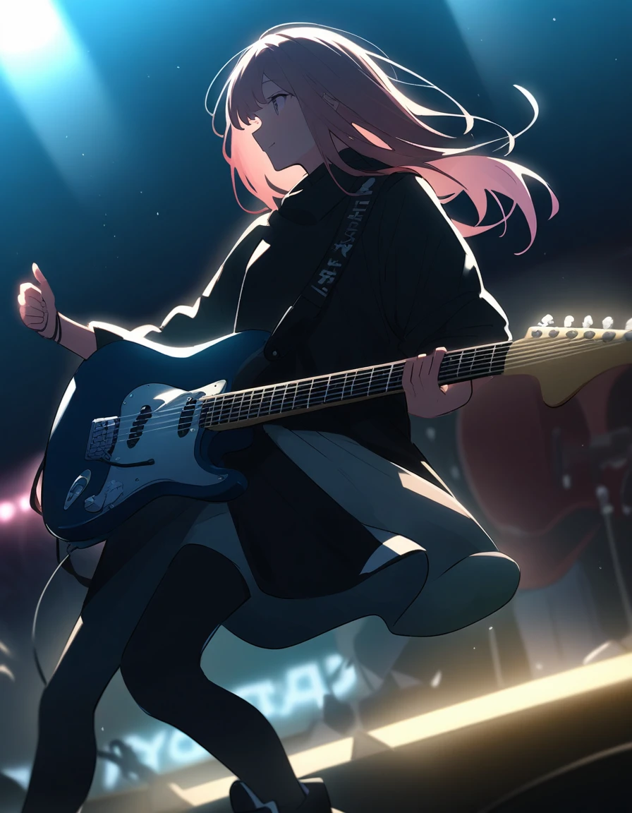 Kyoto Animation、6 stringens、Band member、Electric guitar、Fender Stratocaster、Big Stage、front、sneakers、The face is not clearly visible due to backlighting。