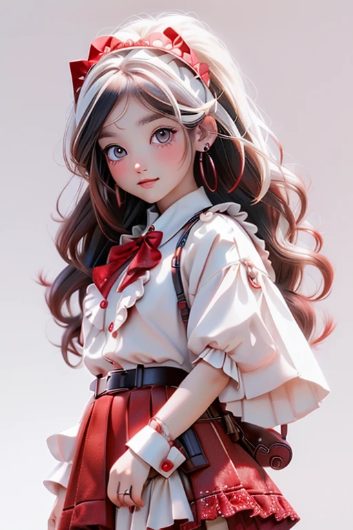 Highest quality,Very detailed,masterpiece,Super detailed,一人in,(Delicine eyes),(White Background:1.3),red eyes,Are standing,Belted skirt,[trench coin:20],jewelry, Mole_Down_eye, Looking_in_Audience, frills_hair band,Earrings
