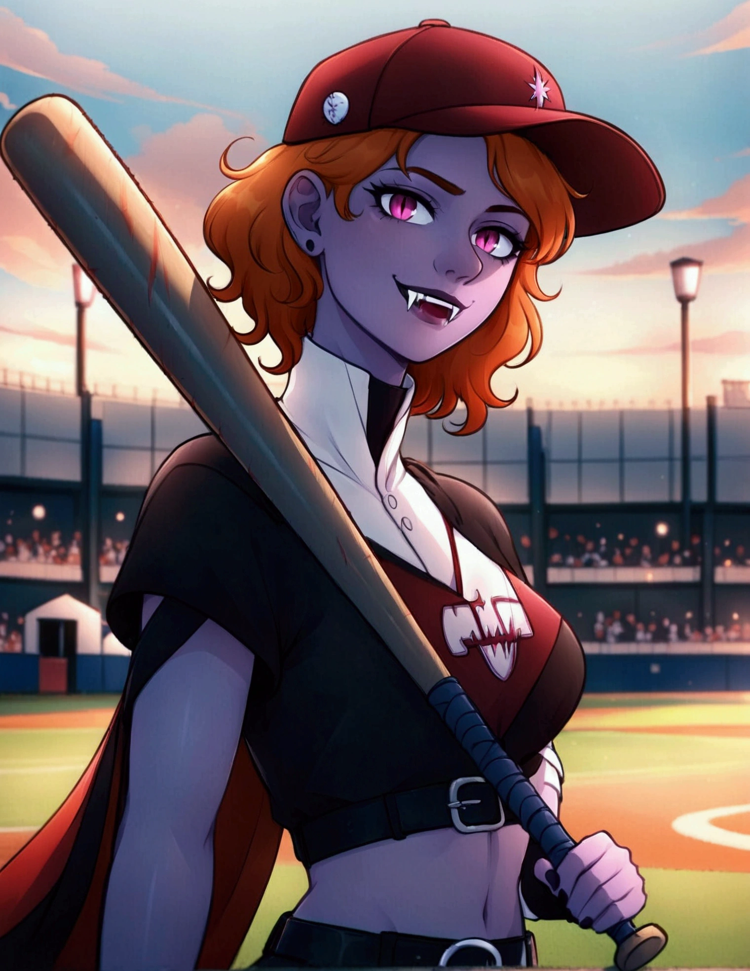 score_9, score_8_up, score_7_up, (solo close-up of gentle vampire lady holding baseball bat:1.4) in (dynamic pose:1.0) amidst (baseball playgrounds:1.2), (fangs:1.2), crop baseball jersey, messy short ginger hair, pants with belt, (high-neck ornate cape:1.3), dark-skinned beauty, (twilight sky), (Gothic architecture with intricate design:1.2), bright colors, rating_safe.