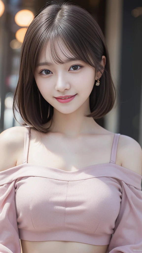 ((Attention to detail)),(Super detailed), Highly detailed CG Unity 8k wallpaper,Highest quality, masterpiece, Emily_t8, Off the shoulder, Pink Crop Top,Big Breasts,smile