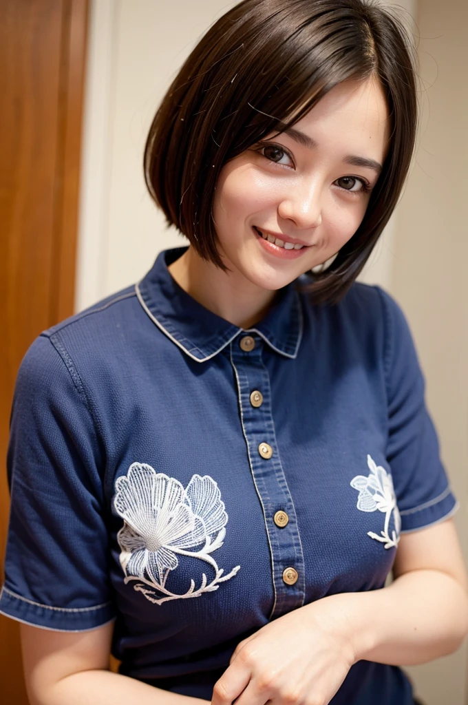 Top quality, 1 beautiful woman, super short Hair, Giddy Smile, wearing Blouse, Close Up, sexy
