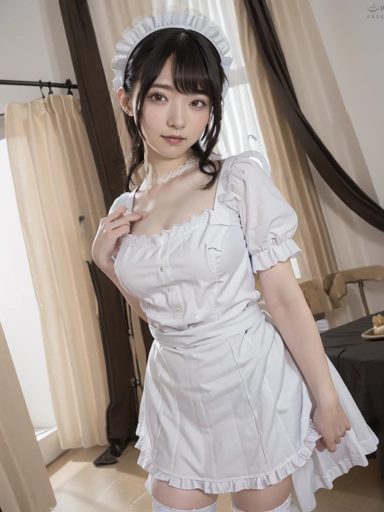 (Highest quality:1.9)、(High resolution)、Live-action image quality、((20-year-old woman、1 person))、Soft lighting by a professional photographer、Natural light、((Very spacious white luxurious room:1.6))、((Bright white room:1.6))、(Standing in front of a very luxurious white bed:1.2)、(White bookshelf background:1.1)、Natural soft light、((Black Hair Color:1.1))、Fair skin、Detailed Eyes、double eyelid、Slightly puffy cheeks、((Small Face:1.0))、(Black lace frilly maid outfit:1.5)、(black maid_cosplay:1.5), (breasts, puffy short sleeves, puffy sleeves, short sleeves, maid headdress, chain, frills, cowboy shot, large breasts, pointy hair, gloves,gothic, gothic maid)、(Cute Smile)、((Girly pose 1.8))、((Curly Hair:1.1))、((Full Body Shot:1.2))、((Height: 165cm))、Hands in front、Holding hands in front of the apron