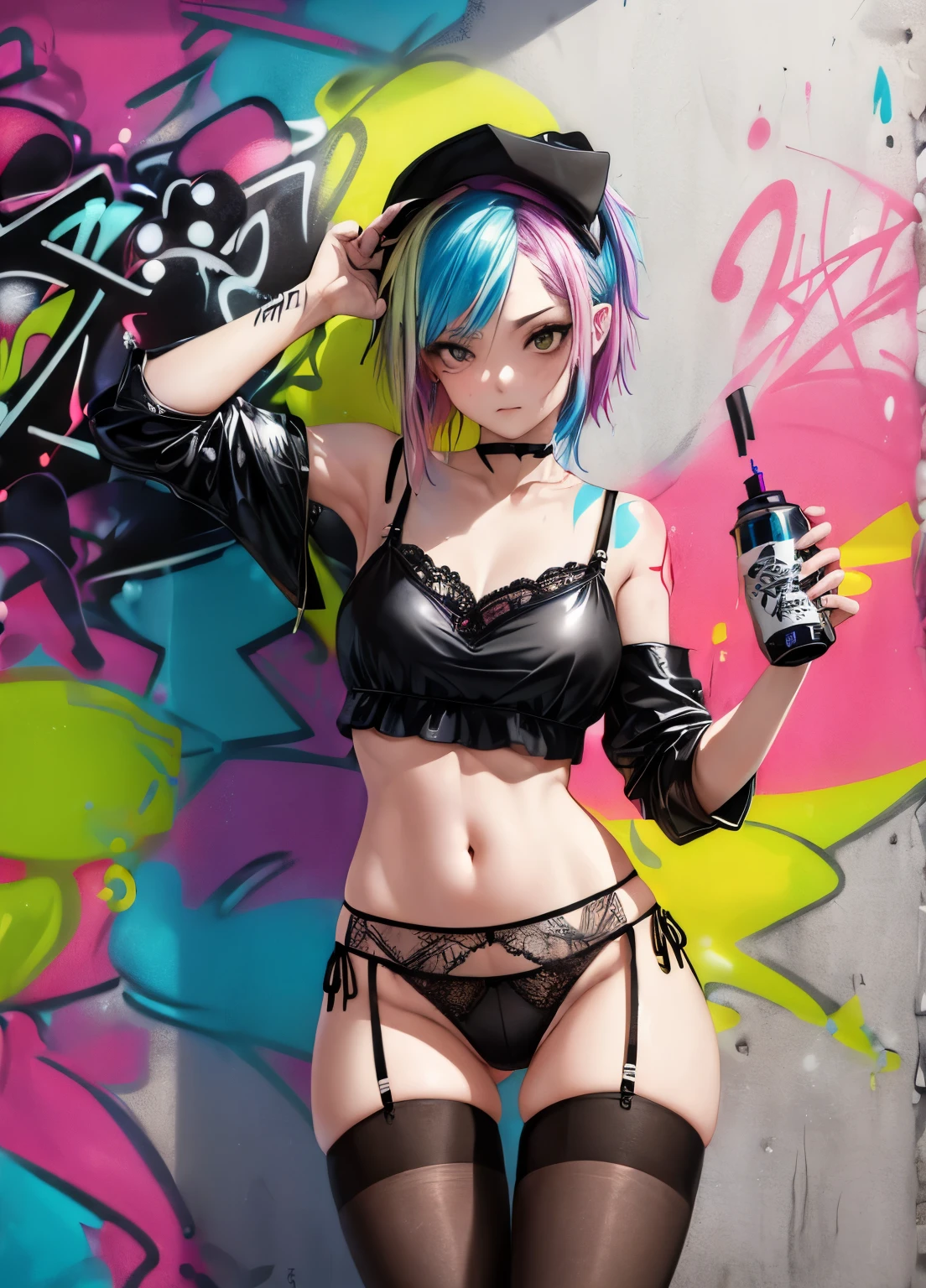 (graffit:1.5), young woman, age 25, shorth hair, spray paint on the body, Tinta spray na parede, parede de graffiti, multicolored hair, high waist lace thong panties, Stockings, Stockings в клетку, breastsout, black leather cropped shirt