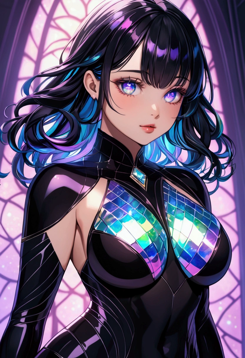 Girl with large thighs small waist and , detailed long black iridescent hair, detailed iridescent eyes, 8k