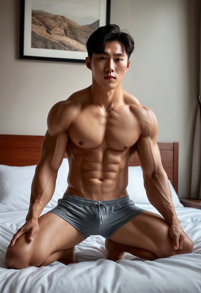 In the charming picture there is a handsome Korean man., Radiating his charisma as he proudly displayed his muscles to create a perfect physique., The body looks right. , Fine skin, 2 boys, ((realistic)), (crawl on all fours, kneel), on the bed, He wore a sexy gray bikini that highlighted his figure.,hug kiss,  He stood in the midst of his surroundings in the bedroom., With unparalleled attention to detail., this photorealistic portrait embodies the National Geographic style, Capture every detail of his textured skin in 8k resolution.. His features were clearly visible., From the deep-set eyes to the chiselled jawline., Make this image a true masterpiece.. Lift,  best quality, 8K  UHD+, Leica digital SLR camera，He has big furry cat ears., 