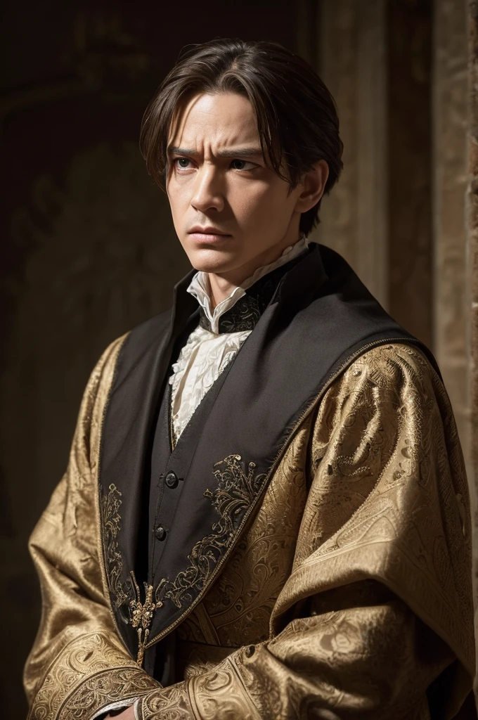 ((best quality)), ((masterpiece)), (detailed), perfect faceHamlet in anguish.
Hamlet, in a state in which everything in this world is unbelievable and full of anguish, is depicted in exquisite detail. This image, whether painted or photographed, captures his imposing presence and majesty. Every aspect of him is perfectly rendered, from the intricate details of his clothing to the way he gazes. This is a stunning representation of a legendary figure, brought to life with masterful artistry and skill.
-ar
16:9, highly detailed image, Canon 1Ds 24 mm f/2
--style