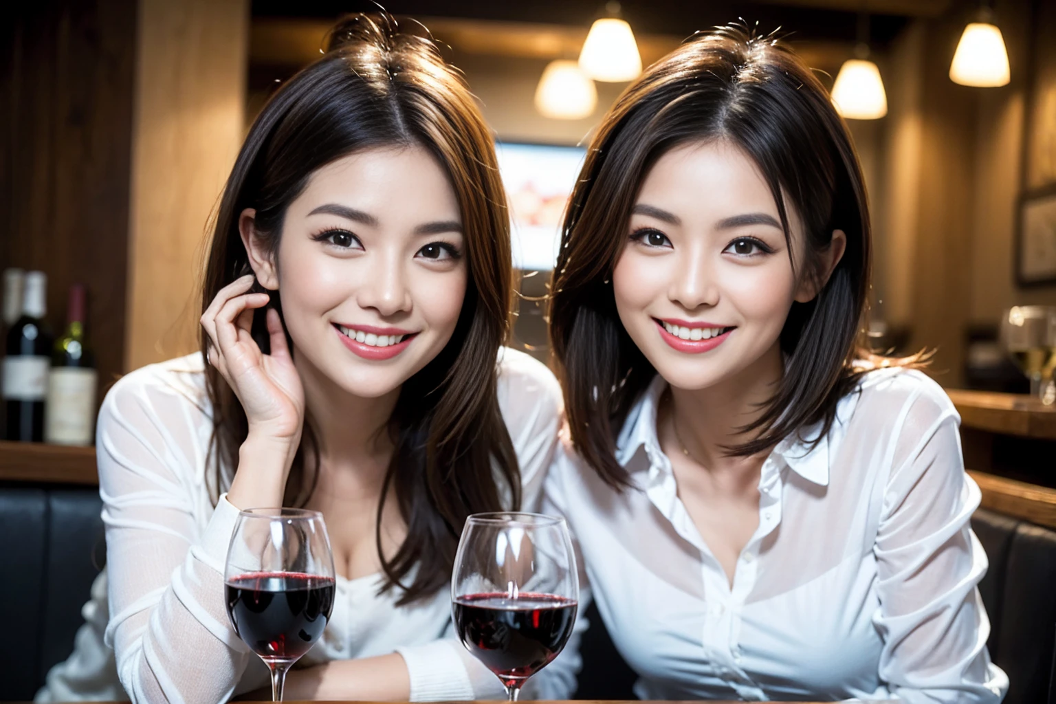 ((Highest quality、8K、masterpiece:1.3))、Shortcuts、cute、slimカップル、modelカップル、actress男優、(Realistic, Intricate details:1.2), full-course dinner、Wine Party、Amazing view of the sunset sky and clouds、A bright smile、short hair,Bright Face、 (Age 45), 42 years old, red wine 、Appetizers、Italian food、Wine bottle、Champagne、sparkling wine、Two beauties、Brown Hair、Shortcuts、Long sleeve shirt、dress、Beautiful woman 1, (slimな顔), (The body is slim), (Brown Hair), (Shortcuts), cheeks turn a little red,Attractive beauty、restaurant, In a prominent place (From the waist up) Nova Frog Style, actress, model, Upper Body, White wine, slim, wine glass, 中央に置かれたwine glass, smile, (smile: 1.15), Beautiful fine grain, Depth f/2,saturation, High Contrast, Strong light and shadow,Moist Body:1.5、3D texture、Delicate eyes、Brown Hair、The hair is very shiny、