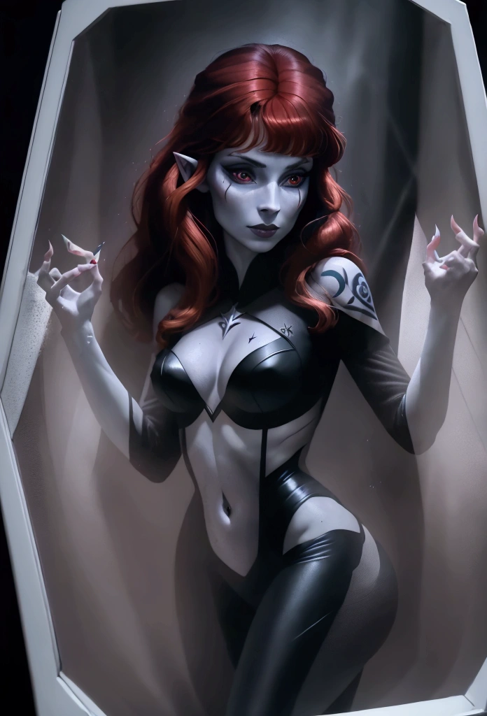 A dark elf (Beverly Crusher, age 30), pale white skin, large pointy ears, blood red eyes, large evil tattoos, sheer black lingerie, posing sultry in her summoning chamber, entire body, (best quality,4k,8k,highres,masterpiece:1.2),ultra-detailed,(realistic,photorealistic,photo-realistic:1.37),dark fantasy, chiaroscuro lighting, moody atmosphere, intricate details, dramatic lighting, cinematic composition