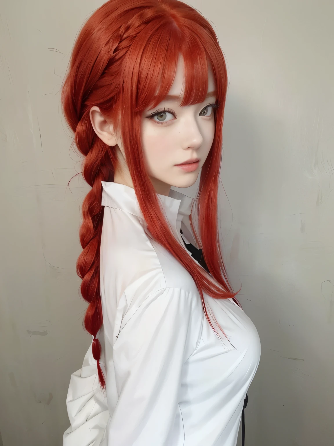 there is a woman with red hair and a white shirt, Red braided hair, Cosplay de garota de anime, red wig, linda asuka of evangelion, with long red hair, cosplay de anime, Asuka Langley Sohryu, anime girl in real life, red intricate long braids, erza scarlet as a real person, with red hair, Rias Gremory