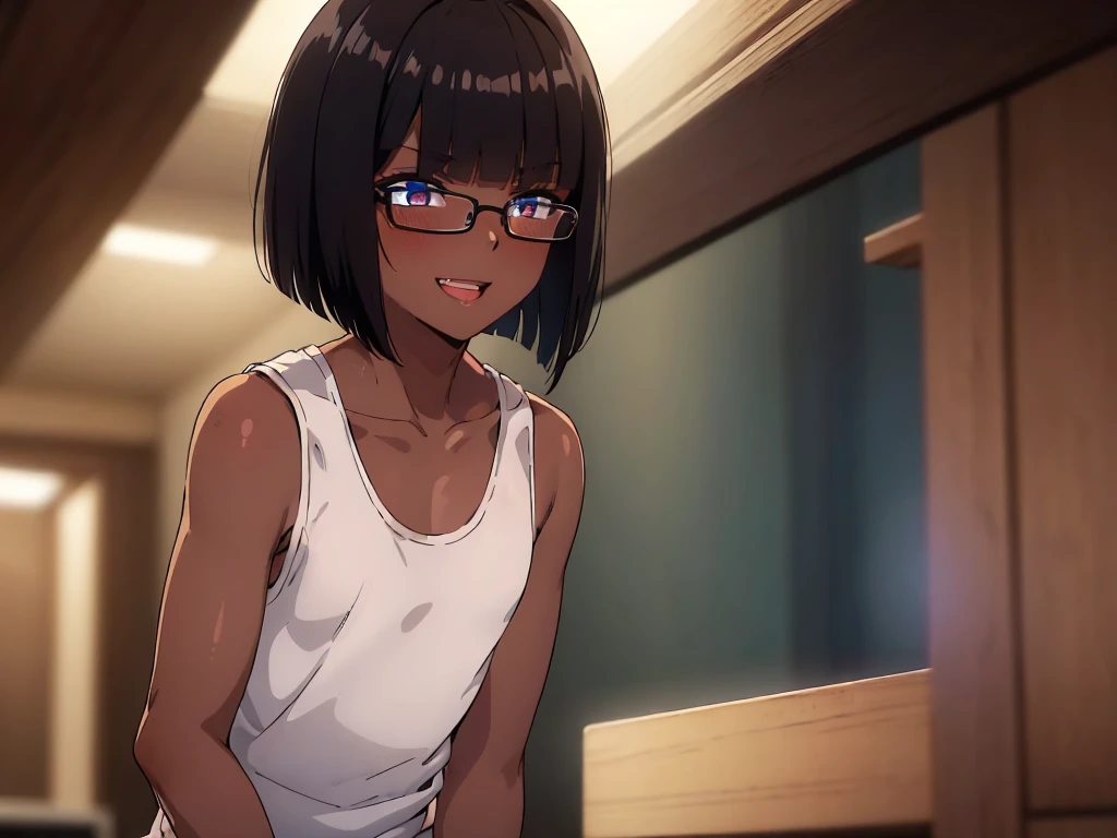 (1 femboy:1.5),(dark skin:1.5),(masterpiece:1.2), highest quality, High resolution, unity 8k wallpaper, (fine and beautiful eyes:1.6), highly detailed face, perfect lighting, Detailed CG, (perfect hands, perfect anatomy),20 years old, (black hair:1.3), detailed eyes, best quality, extremely detailed, very precise detailed, (glasses:1.4), , (straight hair:1.5), (evil smile:1.3) ,long sidelocks, (blush:1.3),(very short bob:1.4),(blunt bangs:1.4), (greaming skin:1.3),(flat chest),(tank top:1.5),(open mouth),(bike shorts),(leaning_forward),