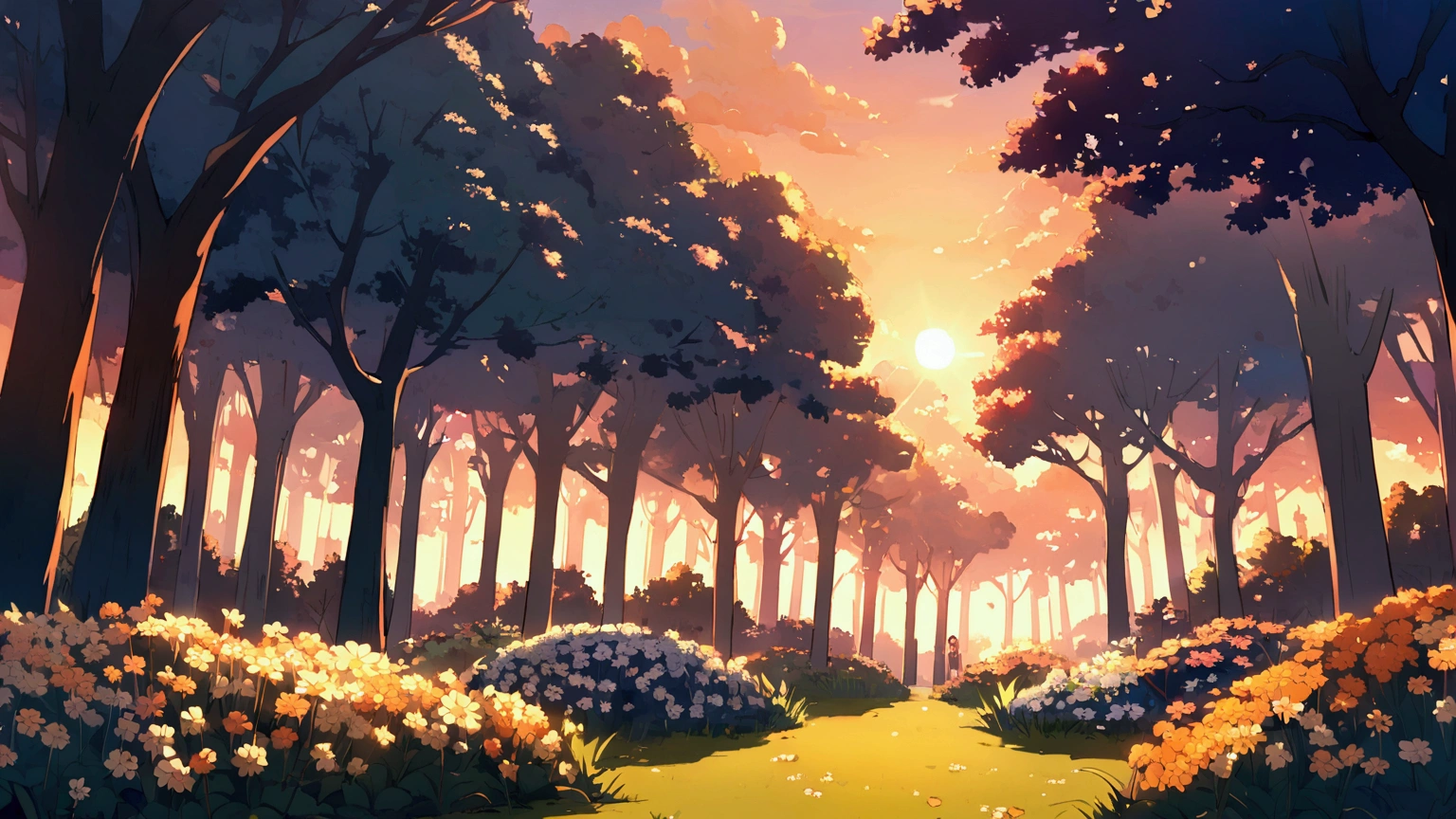 park, peaceful, anime style, tall trees, sunlight, small patch of flowers, clear orange sky, clouds, twilight, fall season