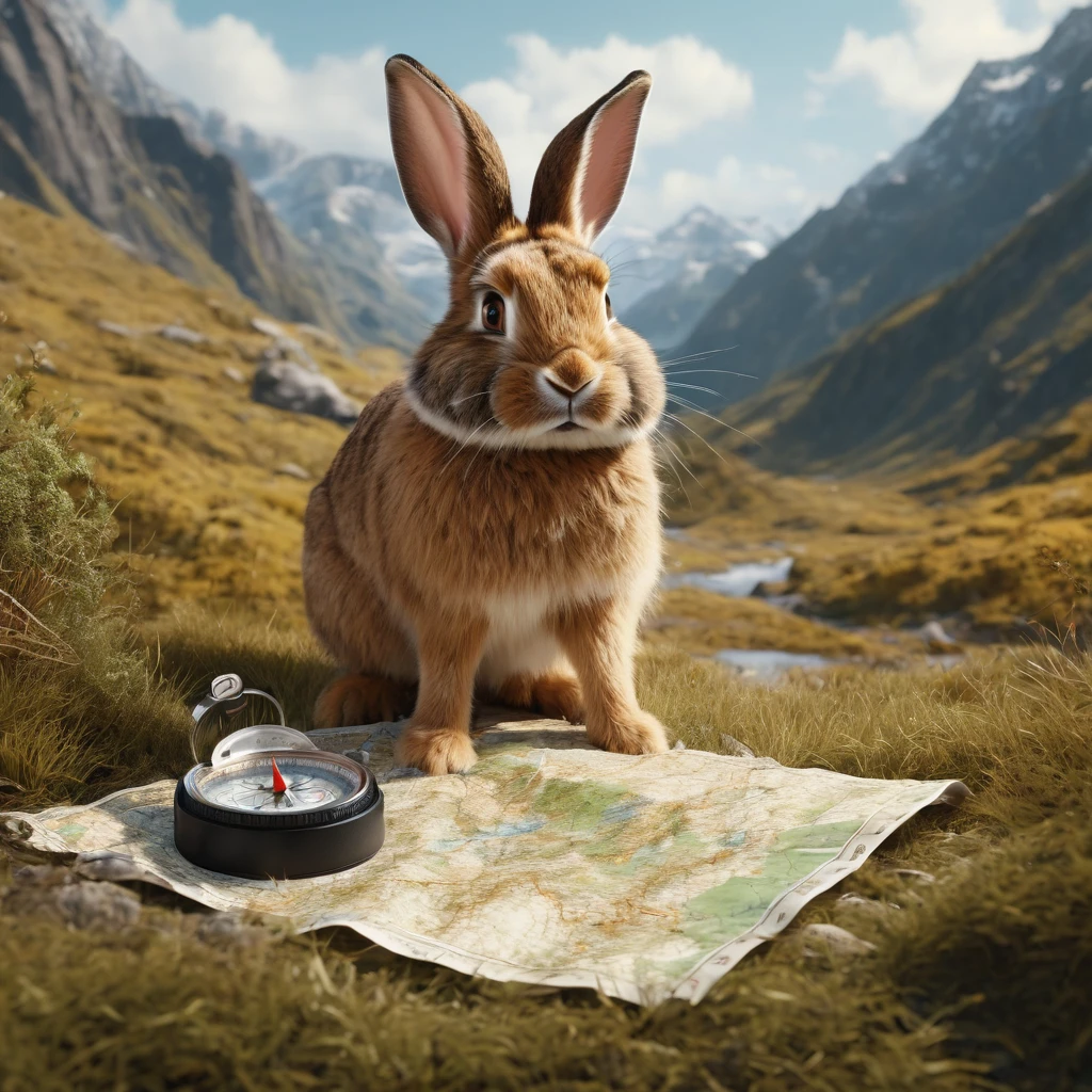 Hairy man , Adult, Muscular, rRealistic fur, Detailed Background, Wilderness Background, Rabbit explorer using compass and map to navigate different terrains. This composition is、It captures the curiosity and resourcefulness of rabbits as they explore the wild.。. Evoke joy and excitement about the wonders of nature. Realistic, photorRealistic, ultra rRealistic, 8K