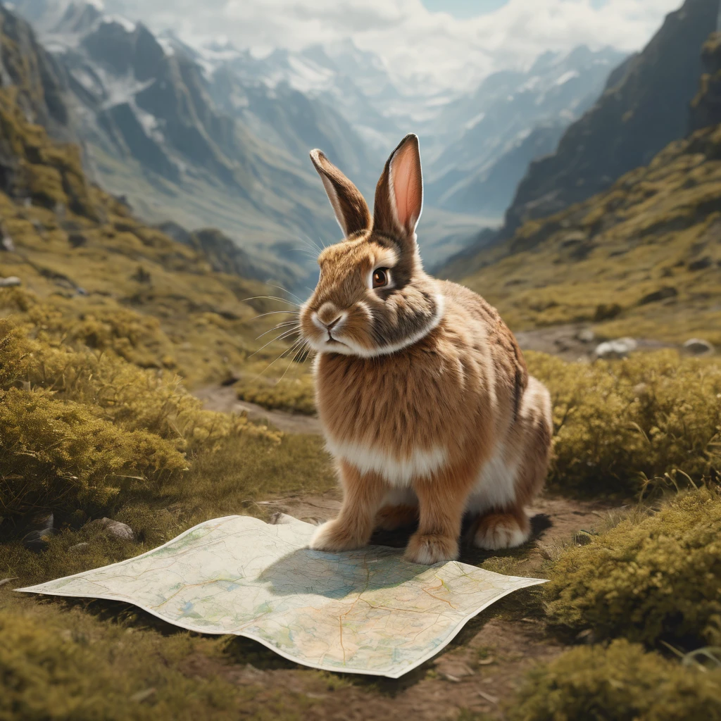 Hairy man , Adult, Muscular, rRealistic fur, Detailed Background, Wilderness Background, Rabbit explorer using compass and map to navigate different terrains. This composition is、It captures the curiosity and resourcefulness of rabbits as they explore the wild.。. Evoke joy and excitement about the wonders of nature. Realistic, photorRealistic, ultra rRealistic, 8K