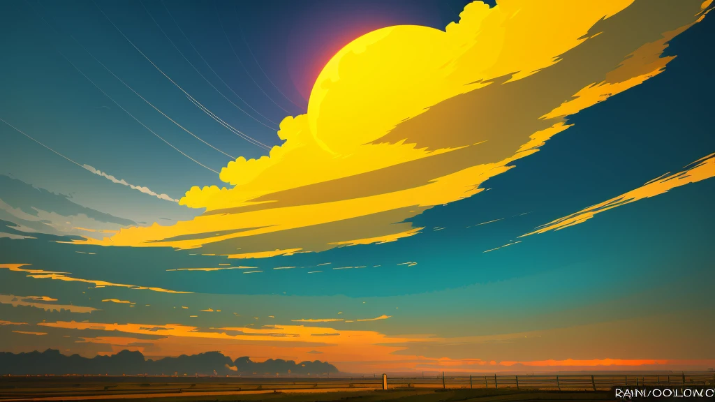 Yellow colored sky, avec des rayons de soleil, with clouds