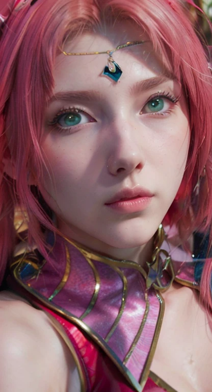 young woman, long pink hair, wide forehead, porcelain skin, pink eyebrows, big emerald green eyes, buttoned nose, thick lips, heart-shaped face, slender body, small breasts, pink leather dress, Sakura Haruno, realistic, realism black details 3d