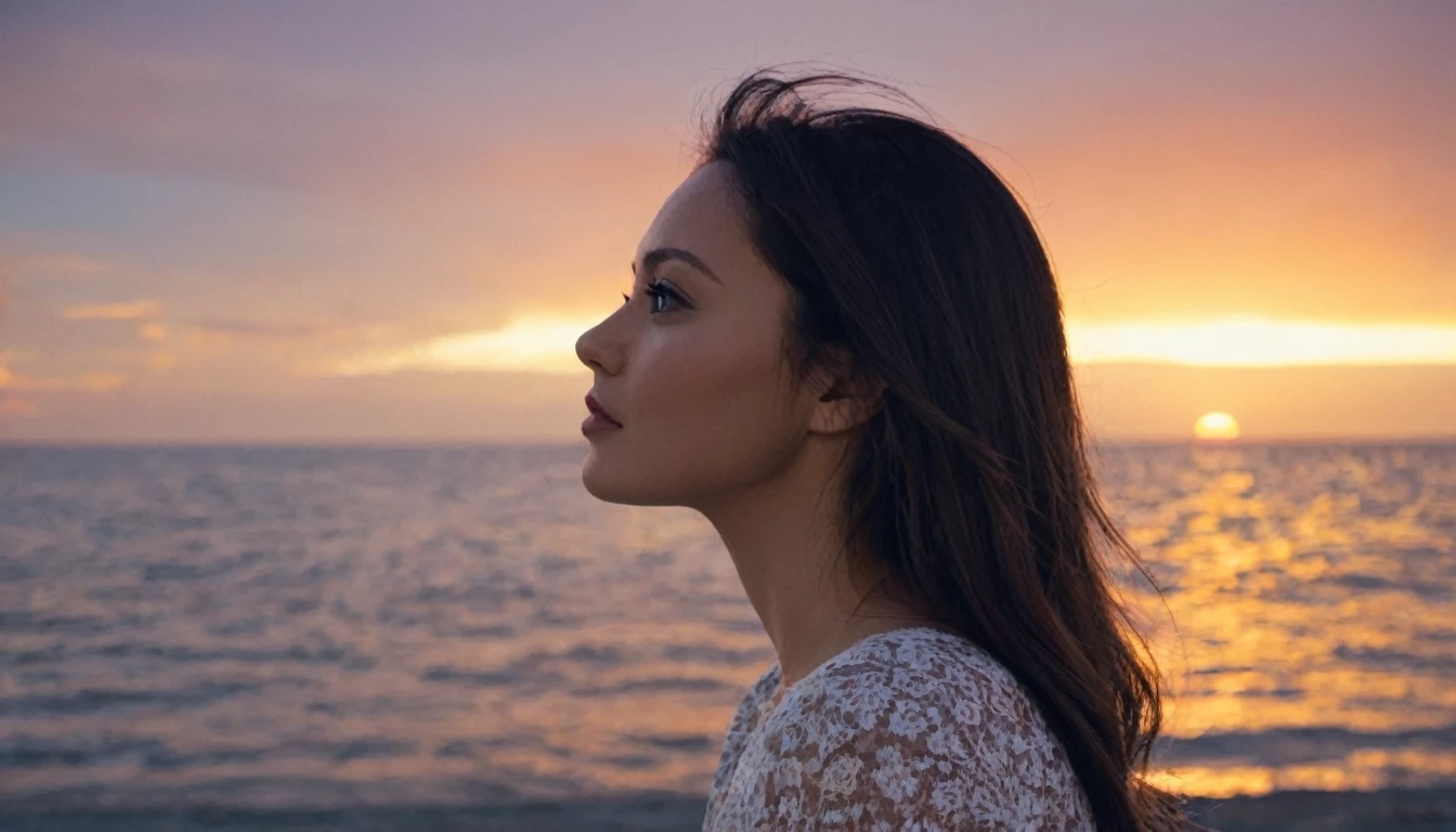 Beautiful woman looking at the sunset sea