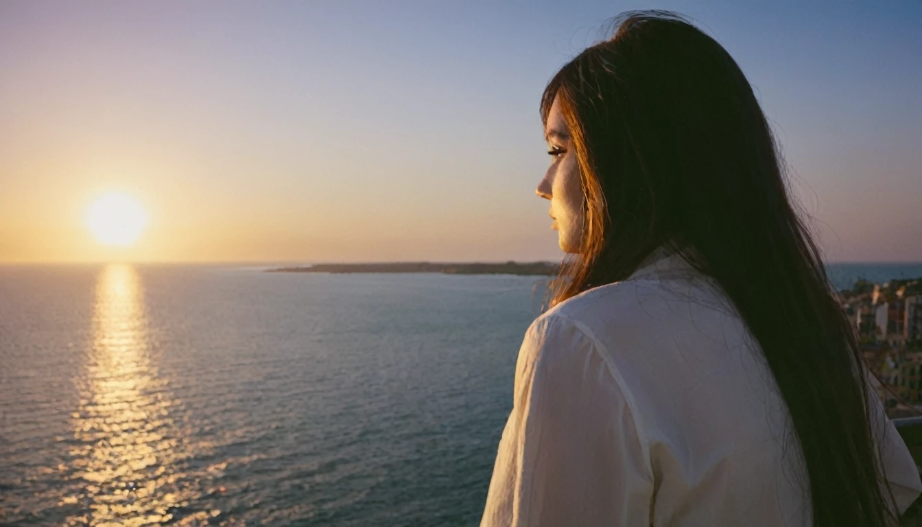 Beautiful woman looking at the sunset sea