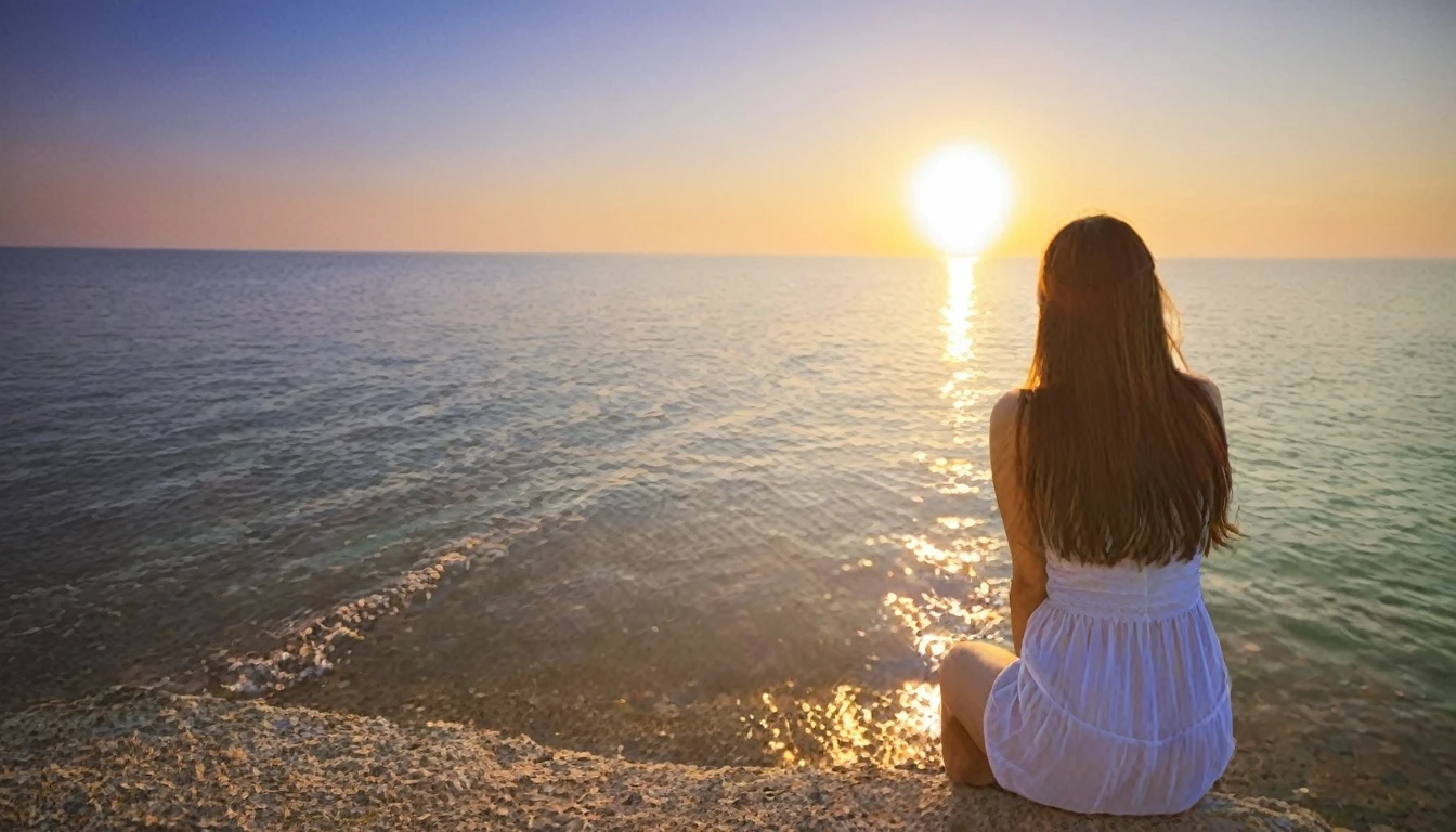 Beautiful woman looking at the sunset sea
