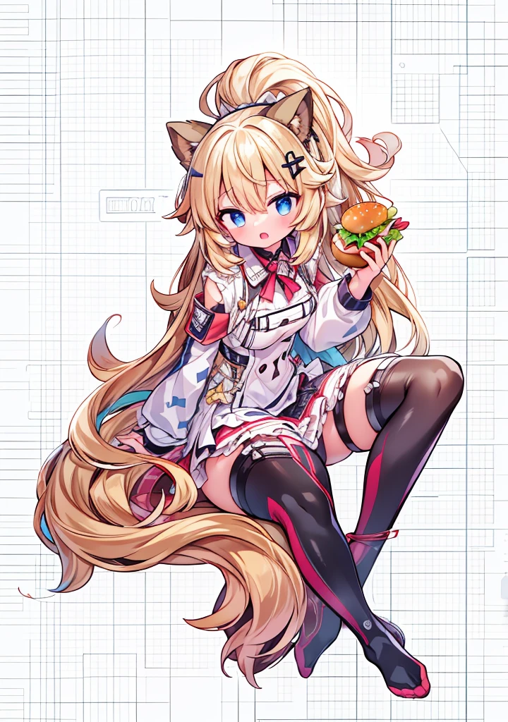 Generate the same character as the image, (keep character colors), Full HD, 4K, no blur, High definition, (((character with a burger in hand))), pantyhose, Show thighs, show arms, perfects eyes, no blemishes, no blur, へそ, niplles, best qualityer, raytracing, face detailed, 8 k wallpaper, (high resolution), sensuous, ((change character's clothes))