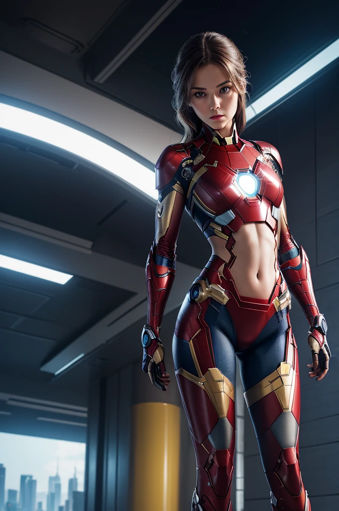((masterpiece, 8K, 3D, Realistic, Super Detail)), (1girl:1.3), slender 16 age, Ultra Micro photography, Melissa Benoist Super realistic, Perfect face, 16K resolution, 4k resolution, The photo was taken from the Front, facing to the photographer, Foreground photo, dynamic lighting, posing on a pedestal, high-definition resolution, Beautiful features, ((Perfect female Model Slim body)) Beautiful features, Standing pose, ((small hip)), (((2 piece Hotpants-Bikini))), Sci-fi futuristic, ((Iron man armor)) ((bionic Fragmented Super Girl chest armor suit)), ((Exposed slim thighs)), wear mesh metal-stockings, ((slim thighs)), ((bionic Slim thighs Spider man armor)), Front Full body Shot, full body portrait, perfect legs, Iron Man shoes, futuristic city background