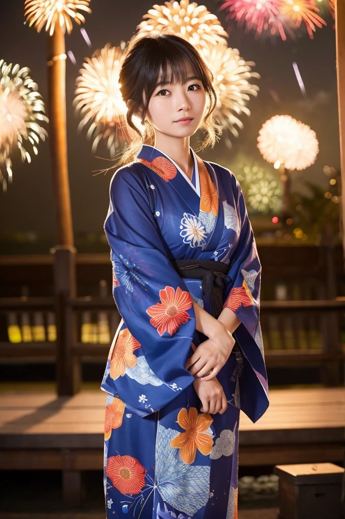 "An elegant Japanese woman in a yukata、Standing against the backdrop of the summer fireworks display night sky。Her hair flutters gracefully、The fabric of the yukata flutters in the wind。Her expression is calm、The fireworks light illuminates her face。Attention to detail、Expressing delicate textures and colors。"