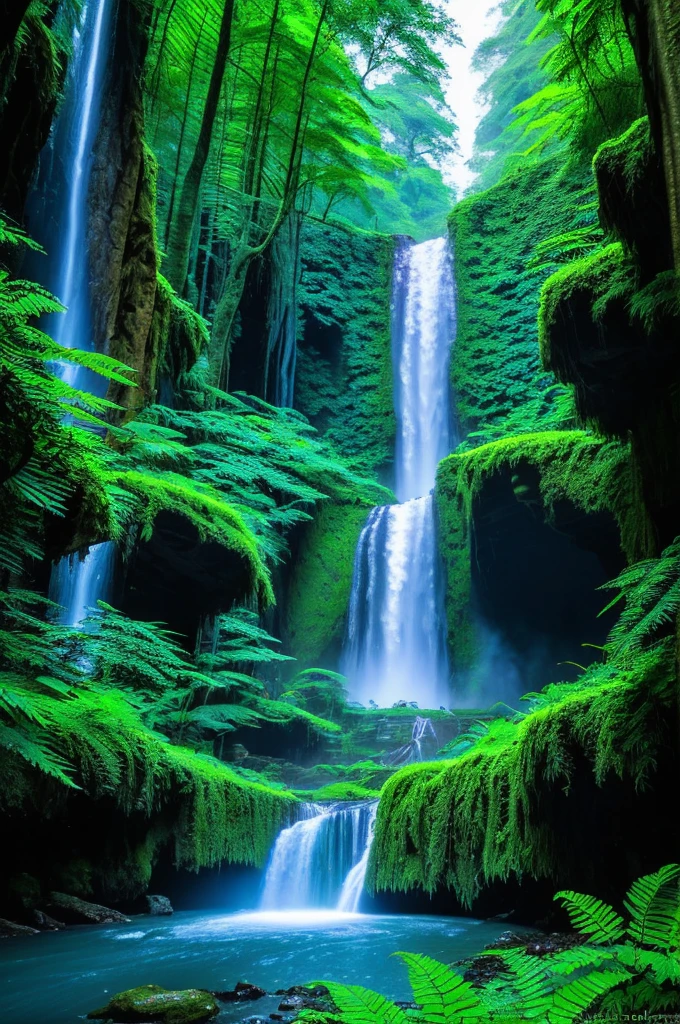 Dark rainforest. Fern plants abound. Big and giant trees everywhere. The place has a large waterfall from which water flows. A stunning and enchanting landscape. The blue luminous caterpillars are widespread. An ethereal and magical landscape.
