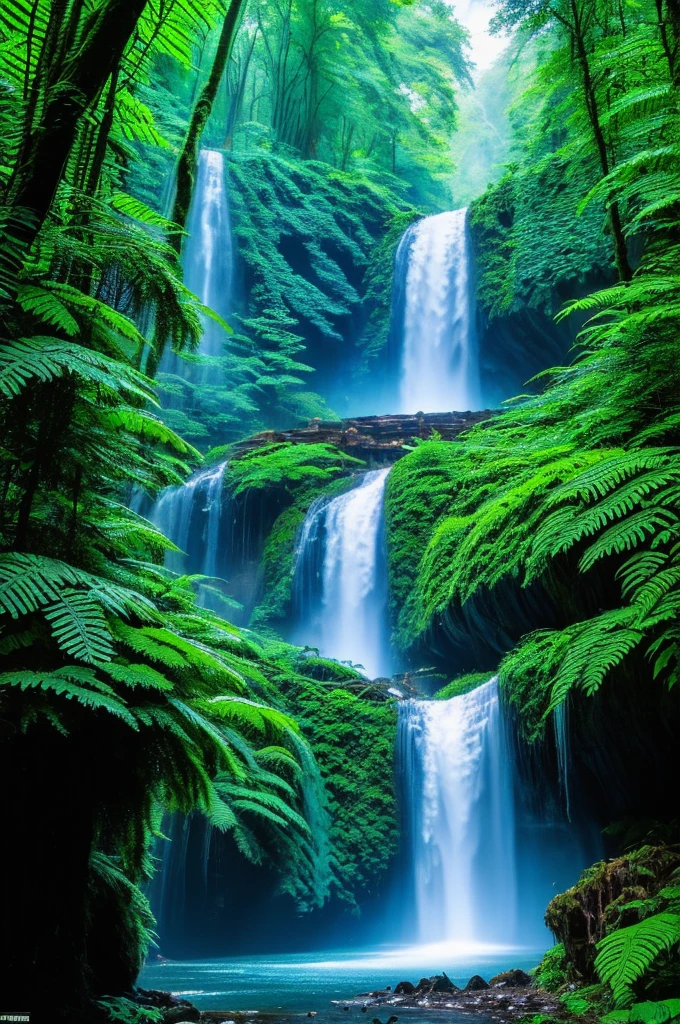 Dark rainforest. Fern plants abound. Big and giant trees everywhere. The place has a large waterfall from which water flows. A stunning and enchanting landscape. The blue luminous caterpillars are widespread. An ethereal and magical landscape.