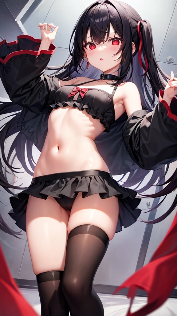 One girl、Red eyes、Black Hair、short、Black underwear、cute、Small 