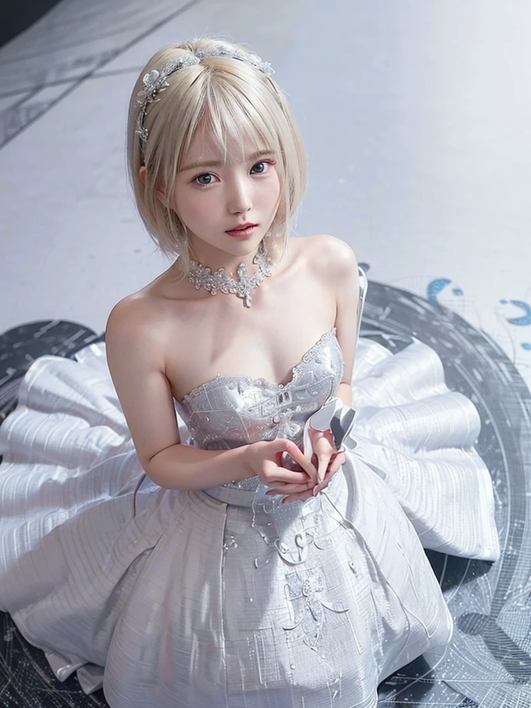 8K,Confused, High resolution, Very detailed, 1 Girl, alone, Very beautiful eyes, Ultra-precise depiction, Very detailed depiction, (Tangled:1.2), , (Abstract background:1.5), (Wedding dress:1.2 Short platinum blonde, (Shiny skin), Many colors, , (Shooting from above:1.2),Small body、Flat Body、slim、cute、、Round face、Cast a Shadow