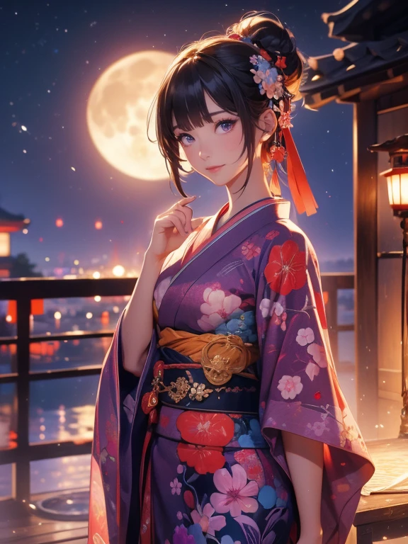 (Highest quality、masterpiece、High resolution、8K)、Vibrant colors、Japanese Festivals、Digital Art、City of night、A full moon in the distance、Midsummer evening、Beautiful yukata、