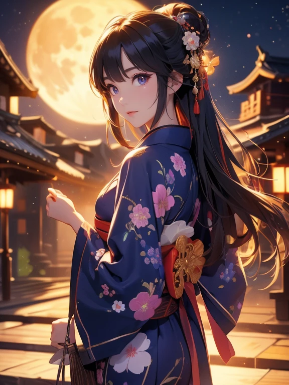 (Highest quality、masterpiece、High resolution、8K)、Vibrant colors、Japanese Festivals、Digital Art、City of night、A full moon in the distance、Midsummer evening、Beautiful yukata、