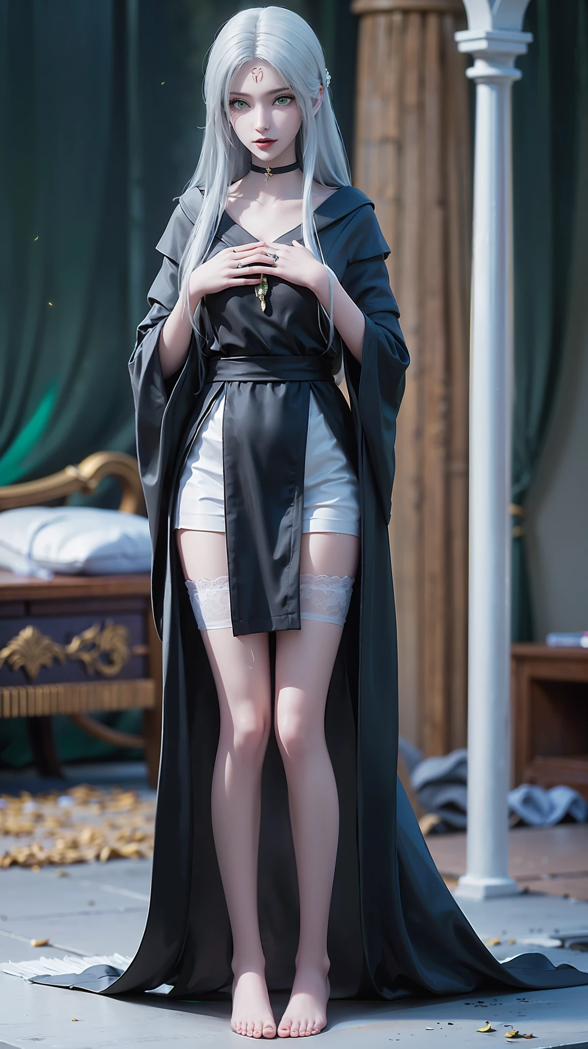 best quality,masterpiece,The Ultimate Solution,Fluffy,Extremely colorful,Mature beautiful woman,(Dress school uniform),Lace skirt,(Beautiful woman beheaded),Normal posture,(Kneeling),Kneeling on the bed,shackles,Beheading,collar,White stockings ,barefoot,Normal posture,(((White long hair))),(((Green eyes)),((Black robe)),((Place one hand on your chest))