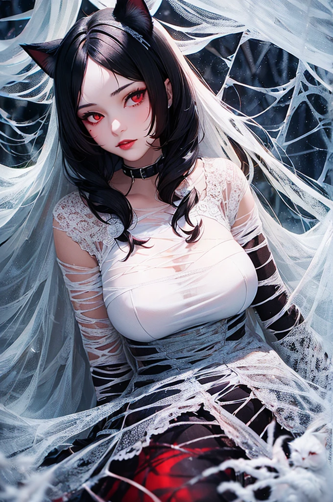 Detailed facial details，16 years old，1 girl，Red lips，Cat ear，Black long hair，Large Breasts，Slim，Mouth tangled in spider silk，Wearing silk fabric，Charming red eye，Collar，Radiant Skin，Winter snow，Lying on the snow