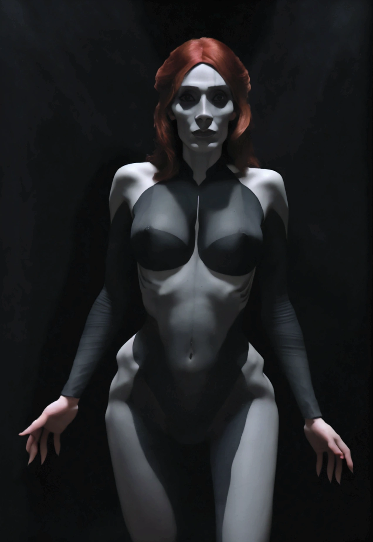 A dark elf (Beverly Crusher, age 30), pale white skin, large pointy ears, blood red eyes, large evil tattoos, sheer black lingerie, posing sultry in her summoning chamber, entire body, (best quality,4k,8k,highres,masterpiece:1.2),ultra-detailed,(realistic,photorealistic,photo-realistic:1.37),dark fantasy, chiaroscuro lighting, moody atmosphere, intricate details, dramatic lighting, cinematic composition