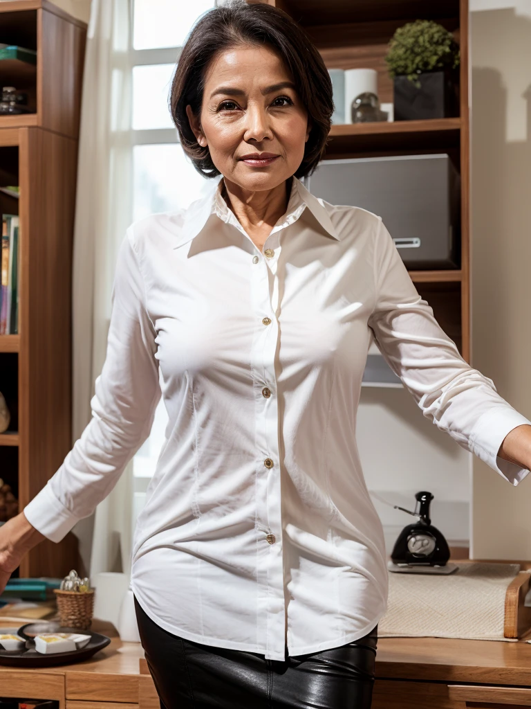 The best picture,The most realistic,4K clarity, woman sexy,Age 70,White long-sleeved cotton shirt ,black Pencil Skirt leather,

    